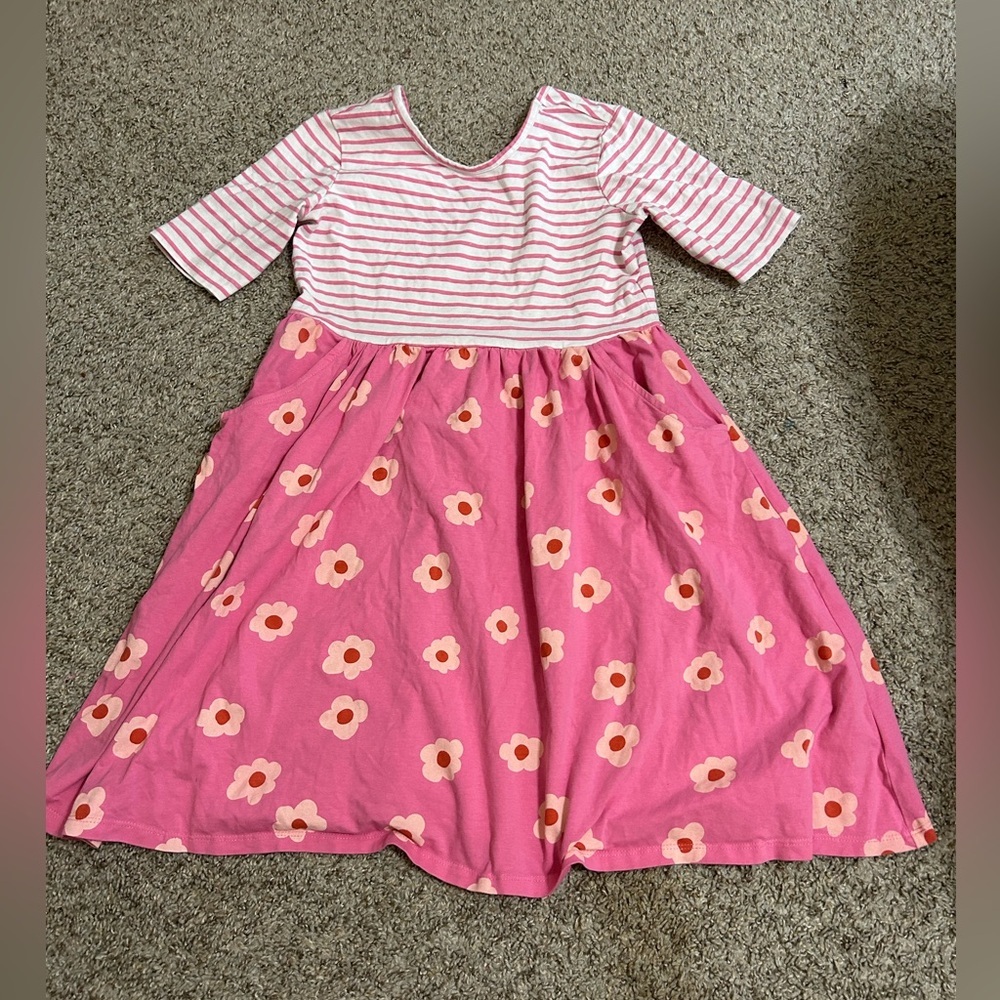 Quince Organic Cotton Skater Dress Pink Stripe Floral Girls Size 12 Spandex Soft